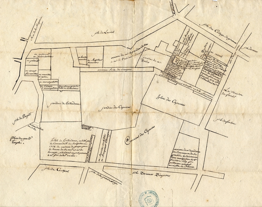 Plan de compoix, île des capucins, église et couvent des capucins, hôtel de l'Intendance, s.d. [après 1757]