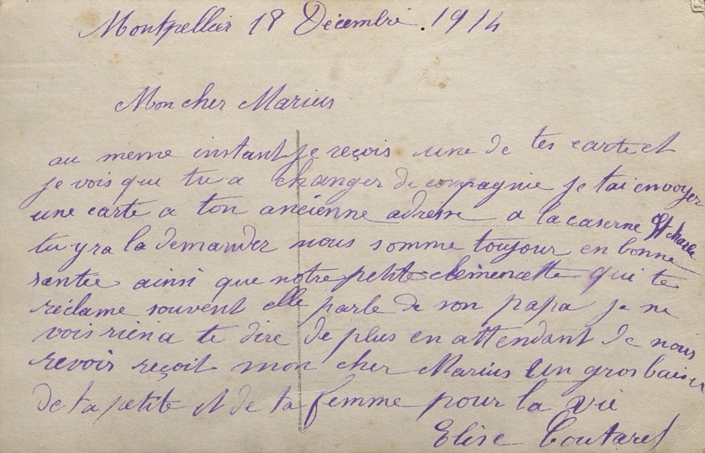 Carte postale d'Elise à Marius Coutarel, 13 août 1915. AMM, 33Fi188-2