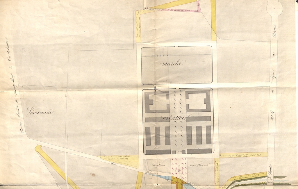 Plan d'alignement et nouvel abattoir, Marché aux bestiaux, signé J. Cassan, 7 septembre 1850. AMM, série 1M