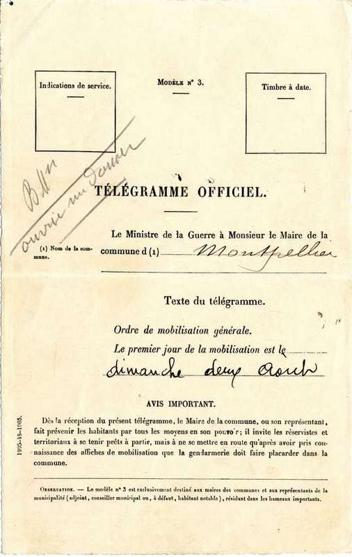 Ordre de mobilisation, 1914. AMM, télégramme, 5H