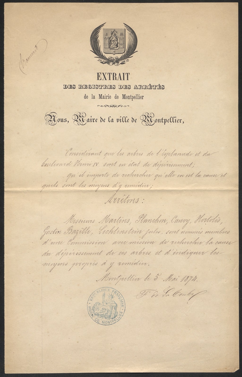 Arrêté création commission, 5 mai 1874. AMM, série O