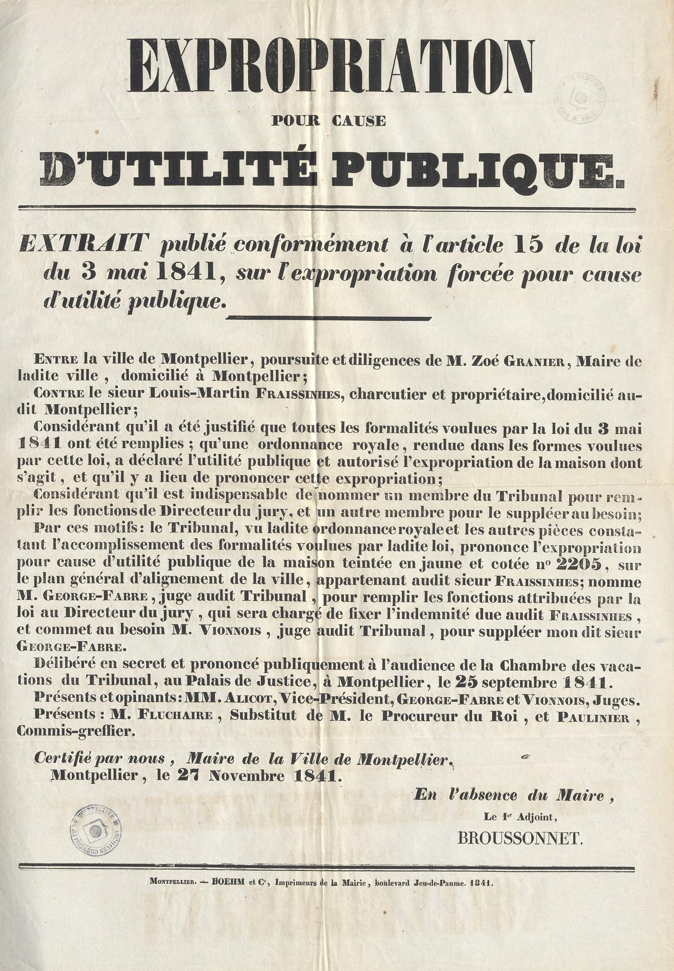 Arrêté expropriations, 27 novembre 1841. AMM, série M