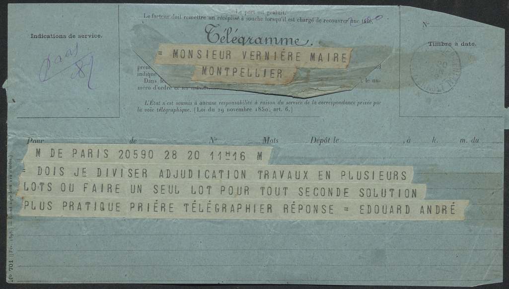 Télégramme d’Edouard André envoyé au maire Michel Vernière, 20 mai 1900. AMM, série O