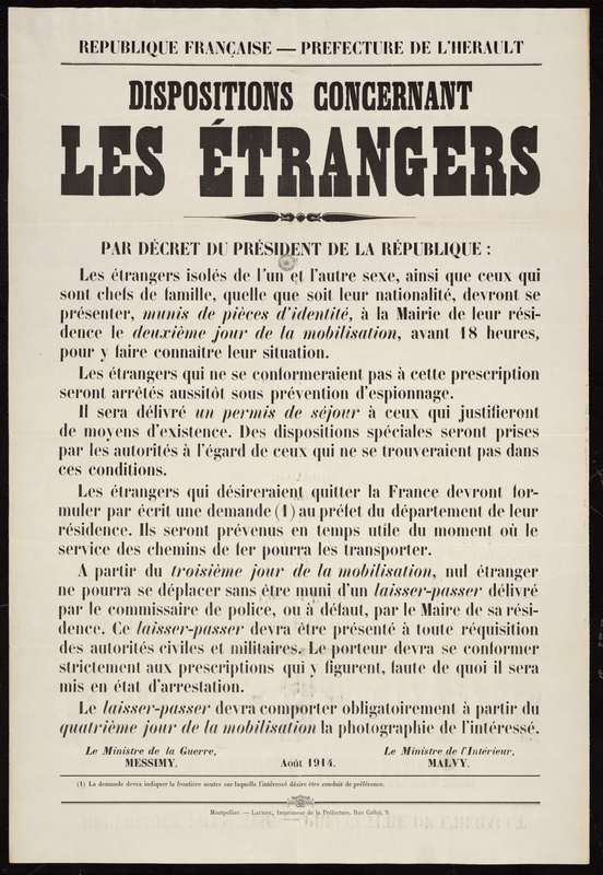 Décret concernant les étrangers, 1914. AMM, 12Fi1