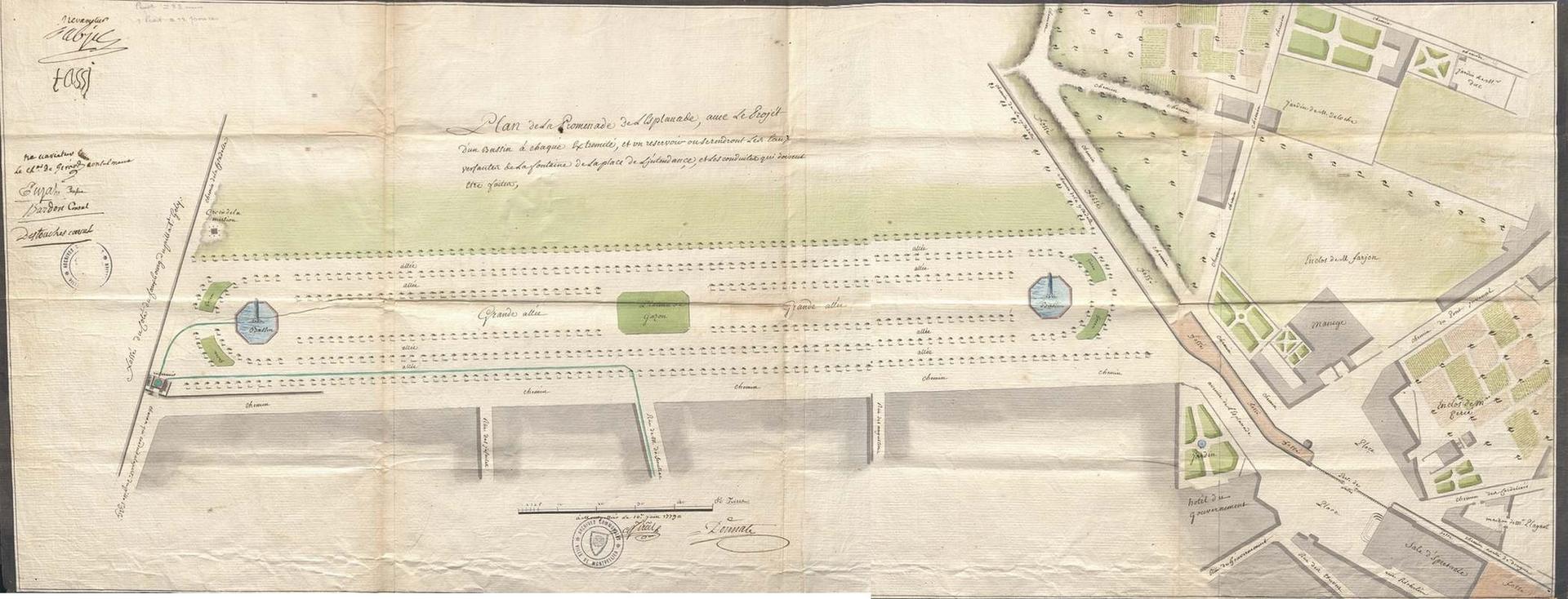 Plan projet construction de deux bassins et réservoir d'eau aux extrémités de l'Esplanade, signé Donnat, 1779. AMM, II553 c