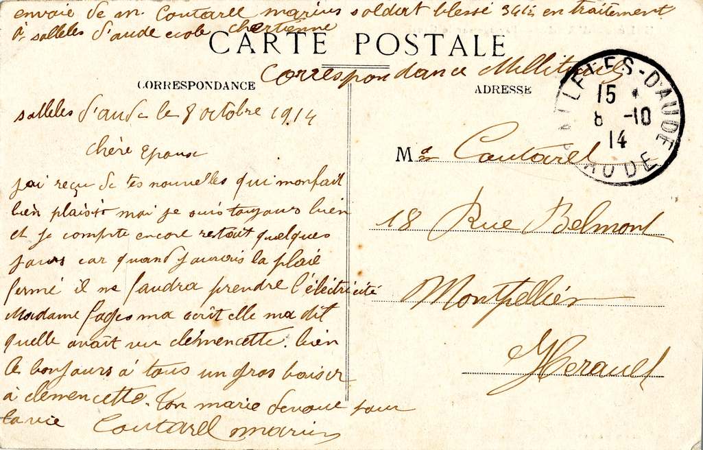Carte postale de Marius Coutarel à Elise, 8 octobre 1914. AMM, 33Fi243-2