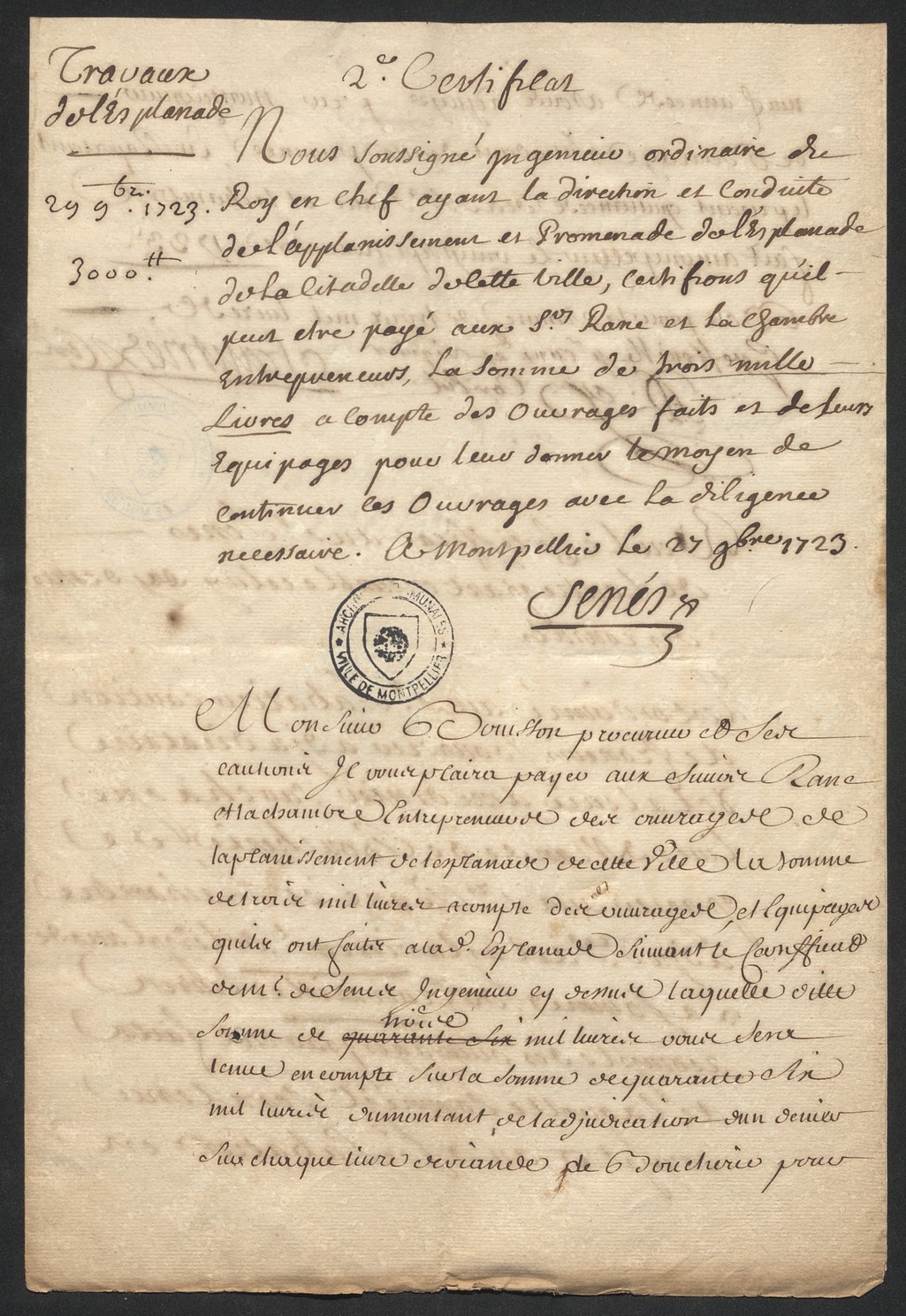 2e certificat de travaux de Senès, novembre 1723. AMM, DD97