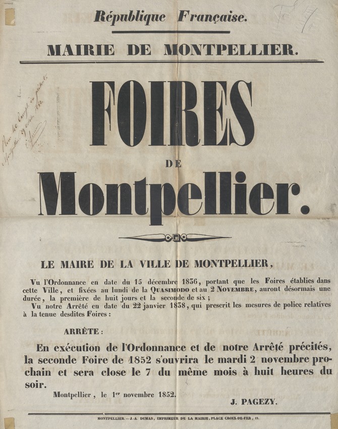 Arrêté fixant l'ouverture Foires, 1er novembre 1852. AMM, série M