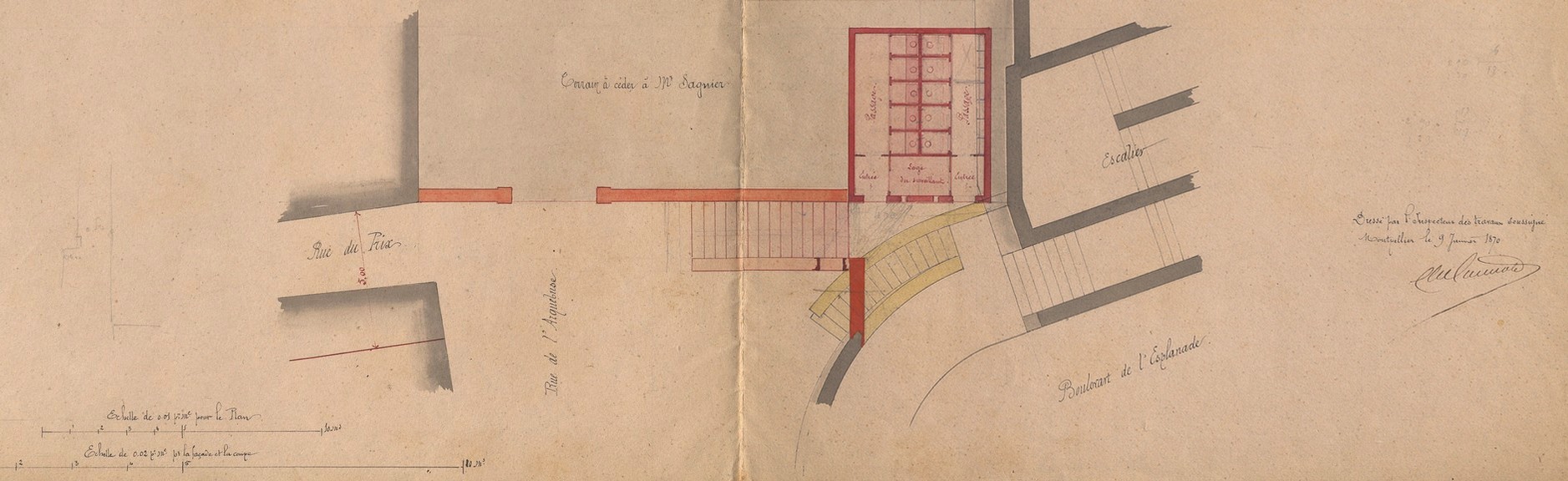 Plan projet de latrines contre le mur de soutènement de l'Esplanade, dressé par l'architecte, 9 janvier 1870. AMM, série O