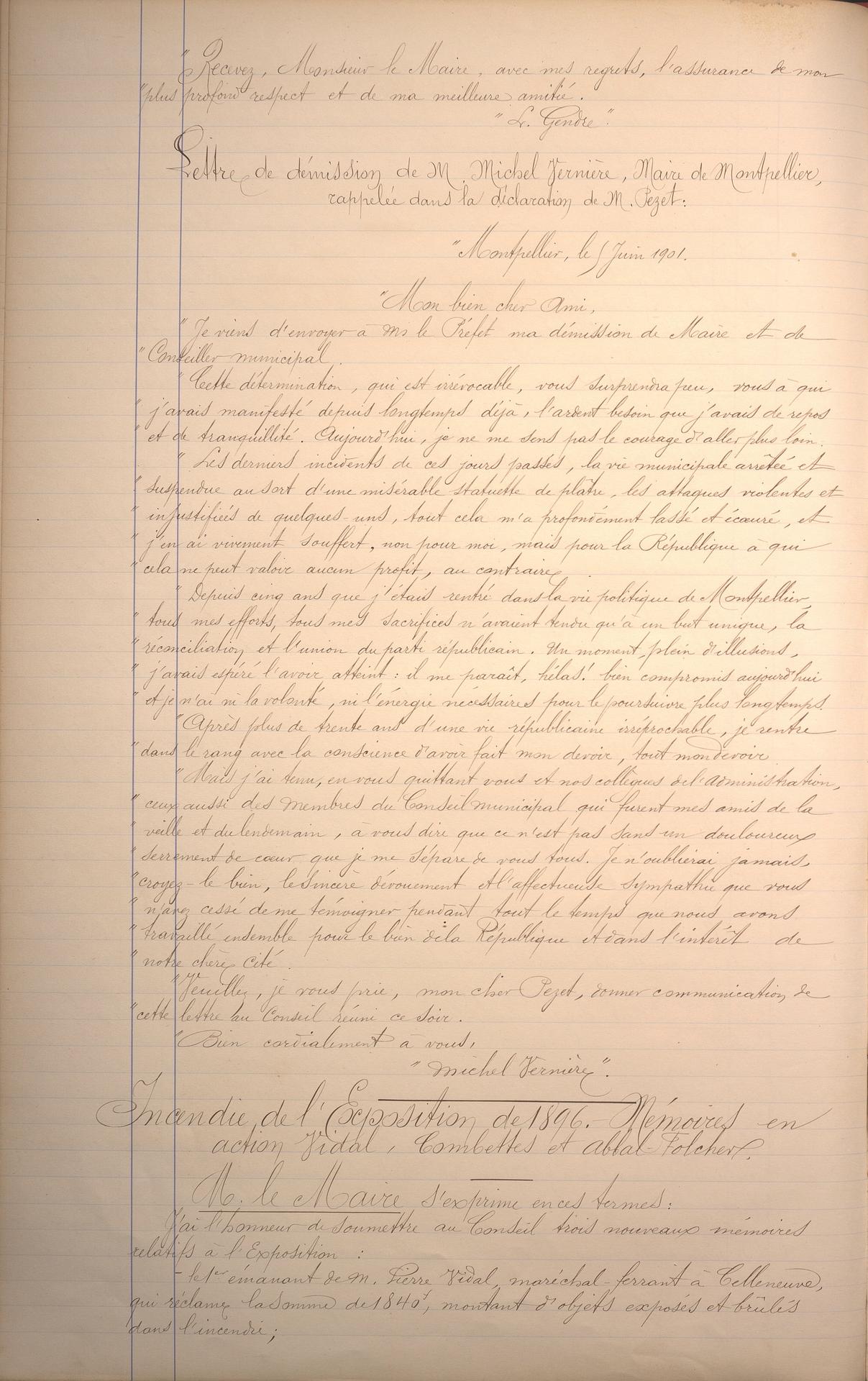 Lettre de démission du maire, 5 juin 1901. AMM, 1D88, f.132