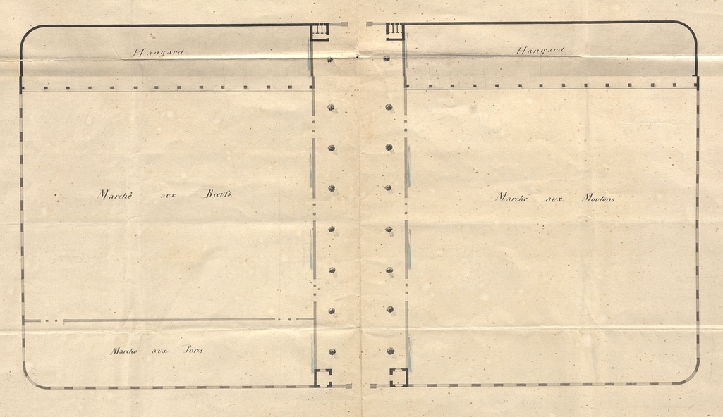 Projet du Marché aux bestiaux interieur, signé J. Cassan, 1851. AMM, 2Fi177, détail