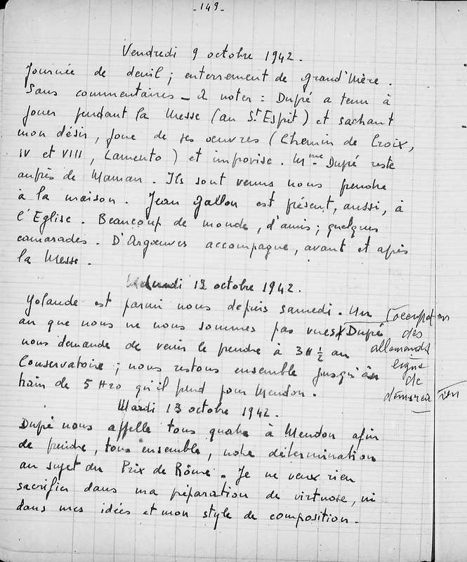 Journal intime de Jeanne Demessieux, octobre 1942. AMM, 4 S