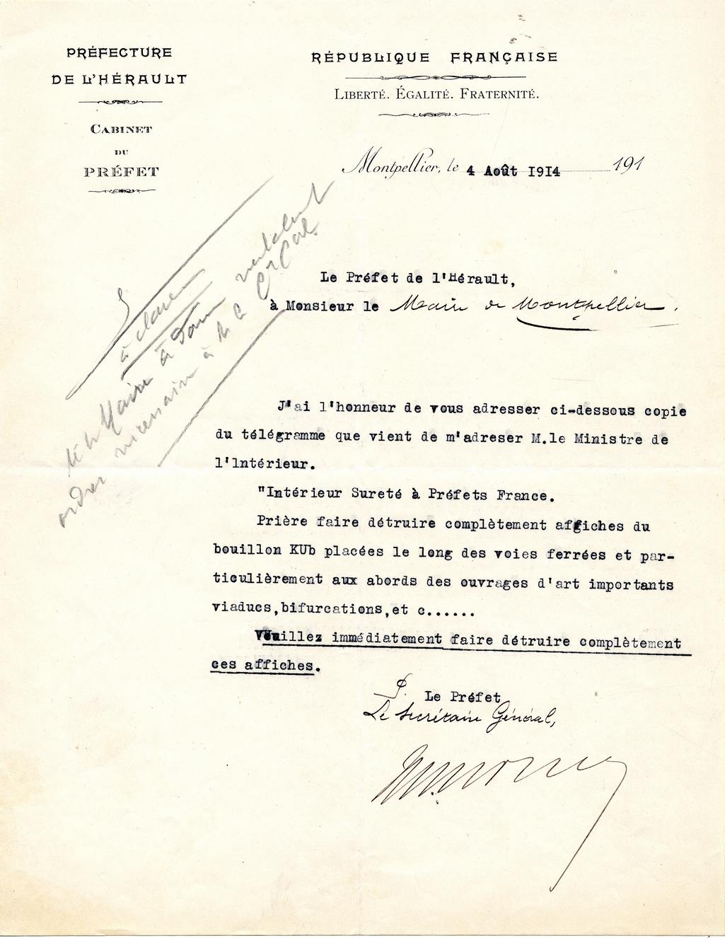 Télégramme ordonnant destruction des affiches Bouillon Kub, 1914. AMM, 5H1