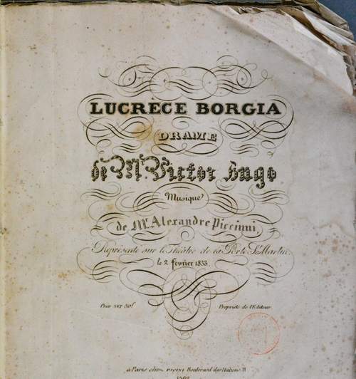 Page de titre, Lucrèce Borgia, 1833. Archives Ville de Montpellier, 1S