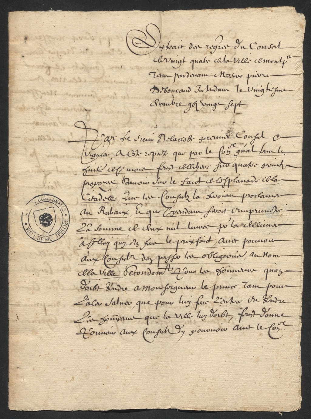 Délibération emprunt travaux, 20 décembre 1627. AMM, DD97