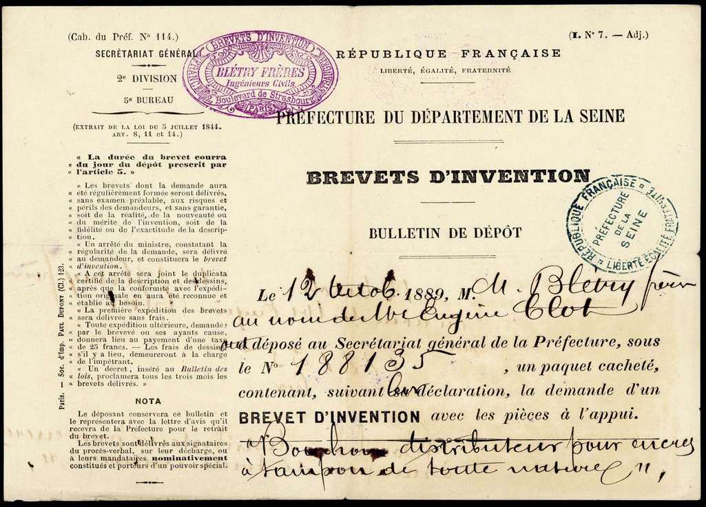 Brevet d’invention attribué à Eugène Clot, père de Suzanne, 1889. AMM, 42 S 10