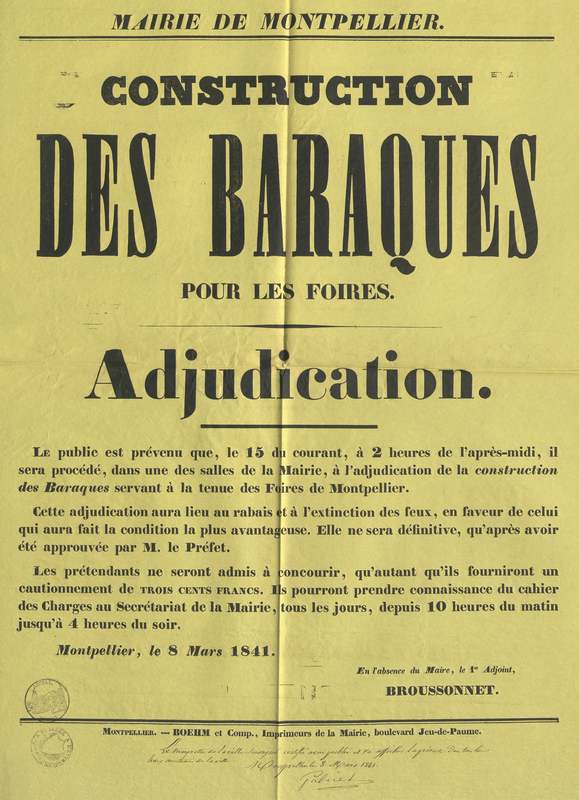 Adjudication pour construction baraques, 5 mars 1841. AMM, série M
