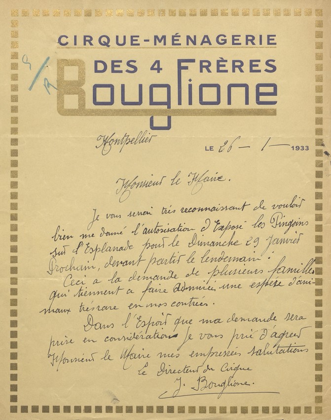 Demande d'autorisation du cirque Bouglione, 1933. AMM, série I