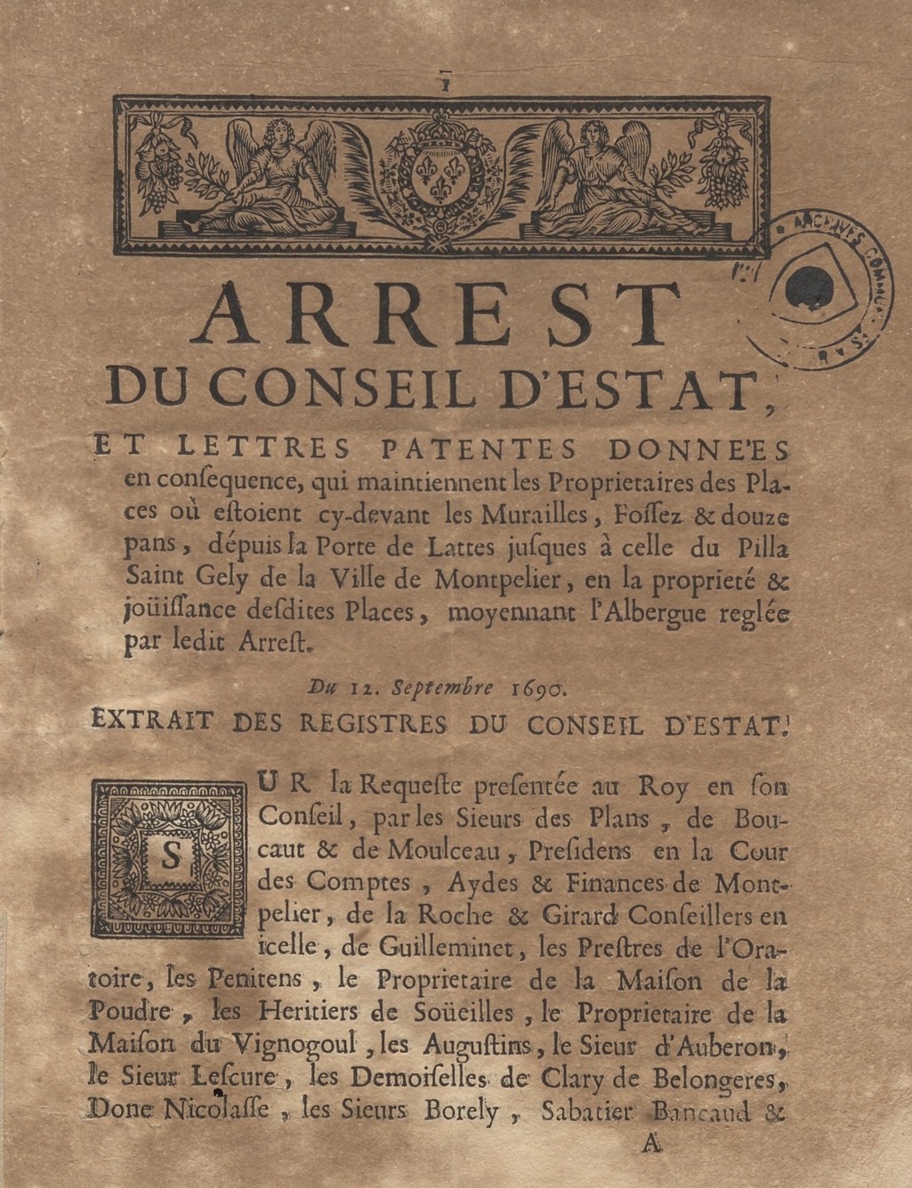 Arrêt pour terrains inféodés, 12 septembre 1690. AMM, DD97