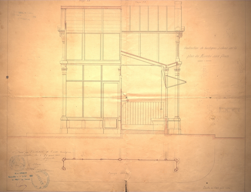 Plan de coupe de boutique sur le passage, dressé par l’architecte Alphonse Goutès, 28 avril 1883. AMM, série M