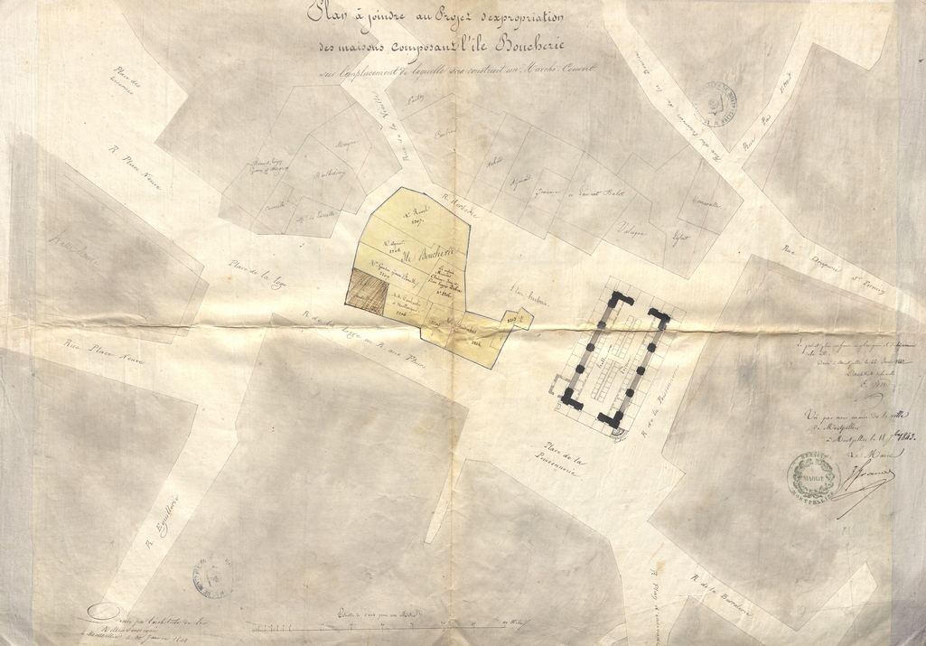 Plan des expropriations de l’Ile de la Boucherie, dressé par l’architecte E. Teste 18 juillet 1843. AMM, série M