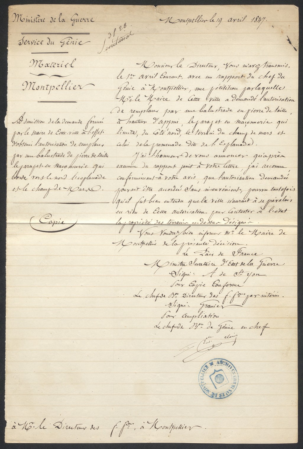 Autorisation Ministère guerre, pour balustrade, 1847. AMM, série O