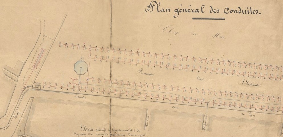 Plan général des conduites pour l'irrigation souterraine des plantations de l'Esplanade, 10 janvier 1851. AMM, série O, détail