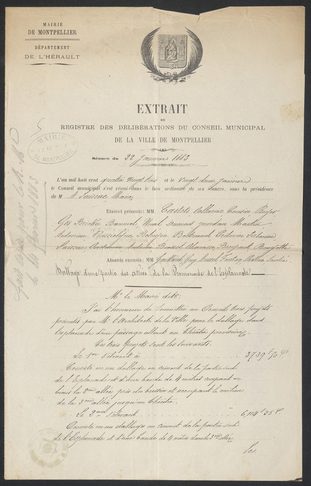 Délibération pour dallage, 22 janvier 1883. AMM, série O