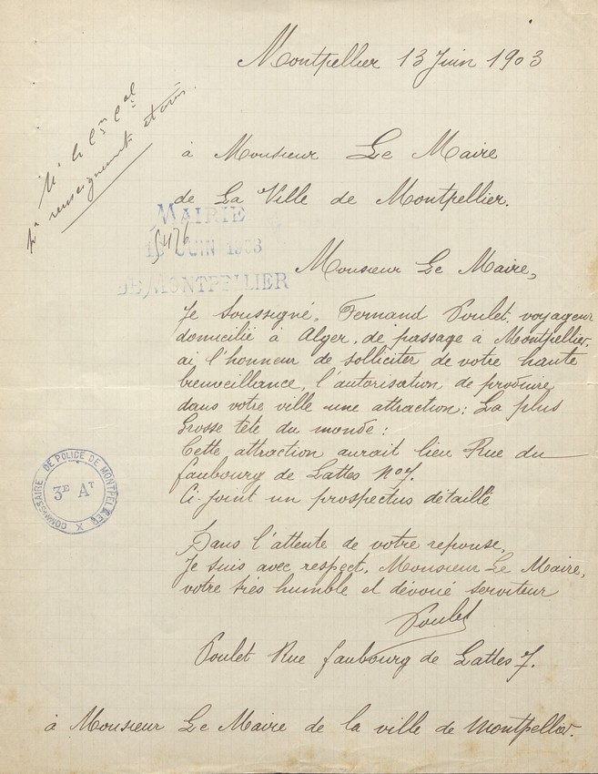 Demande pour exhibition Grosse tête, 13 juin 1903. AMM, série I