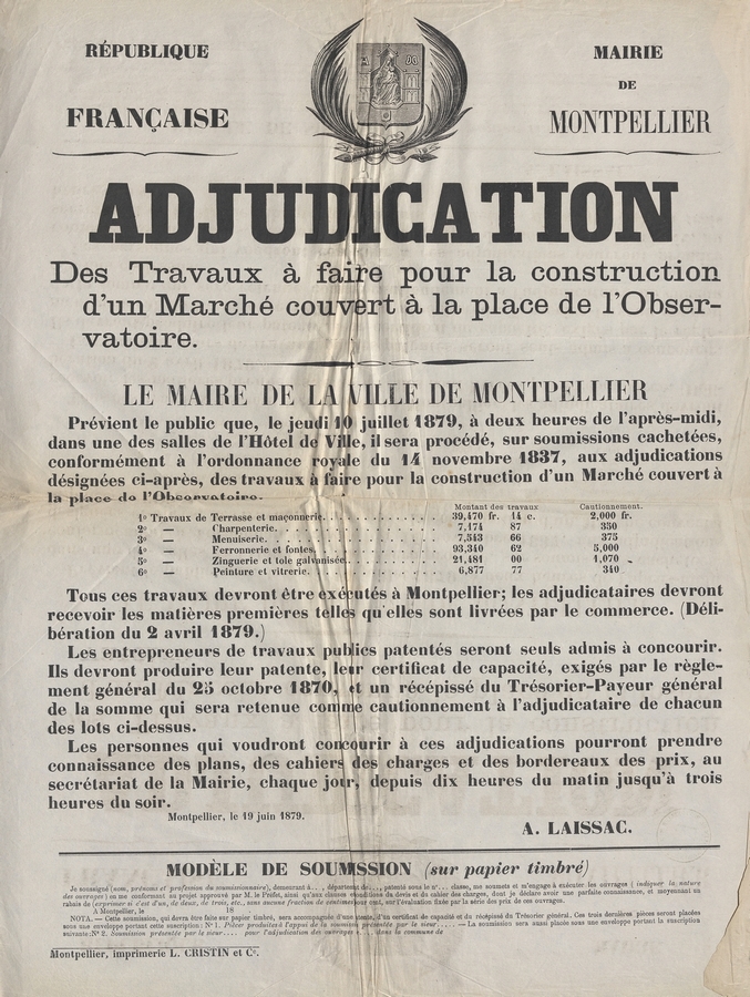 Adjudication des travaux, 10 juin 1879. AMM, série M, affiche