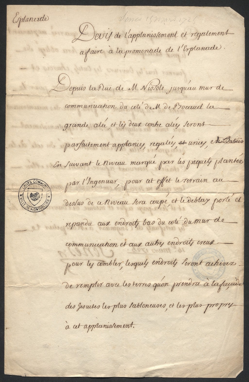 Devis Senès aplanissement, 15 mars 1724. AMM, DD97