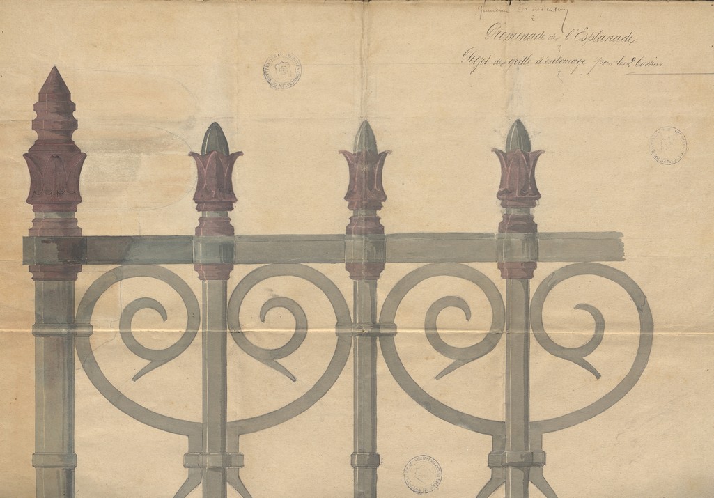Projet de grilles d'entourage pour les deux bassins de l'Esplanade, 1877. AMM, estampe, série O